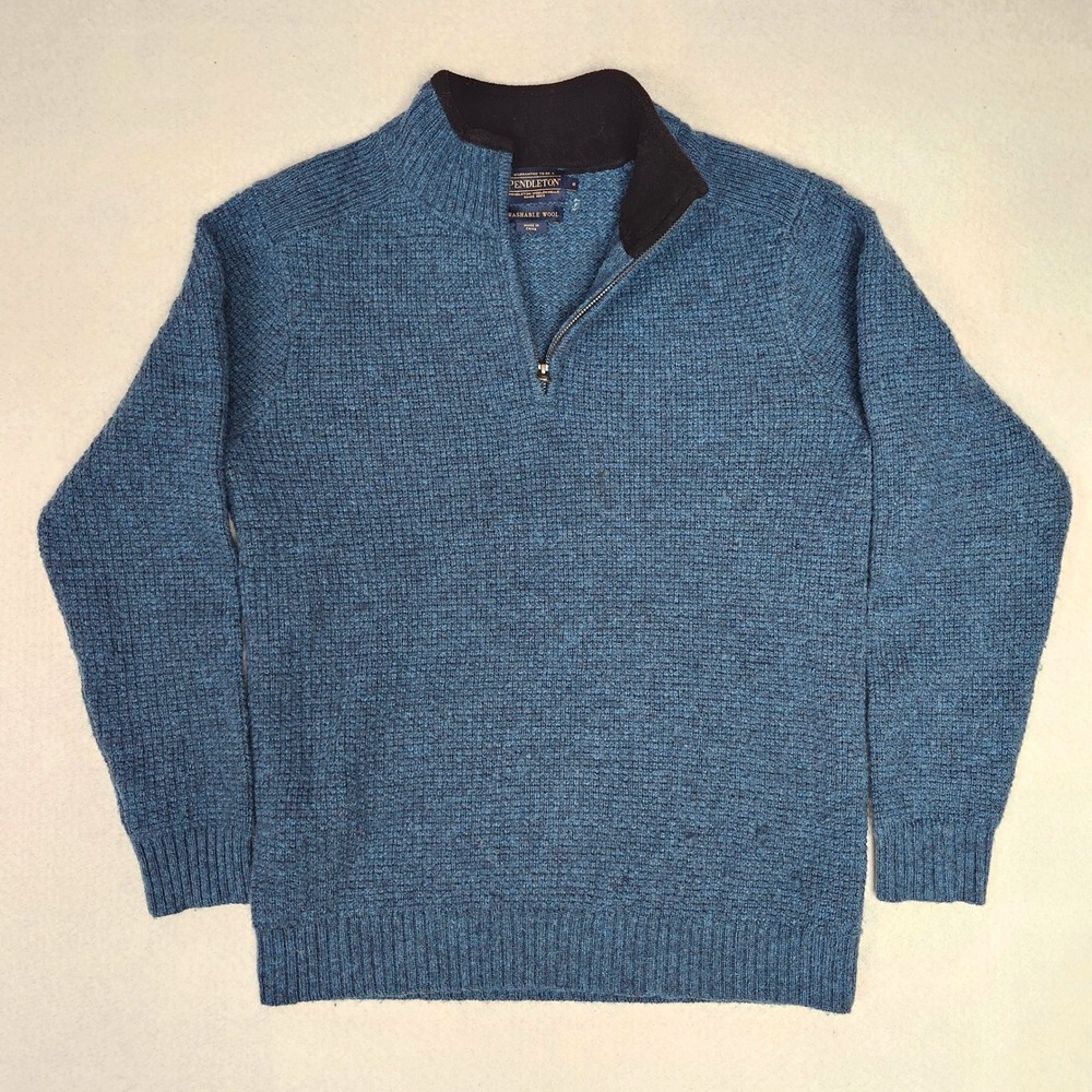 Pendleton Washable 100% Shetland Wool Quarter Zip Sweater Blue Flaws Mens Small
